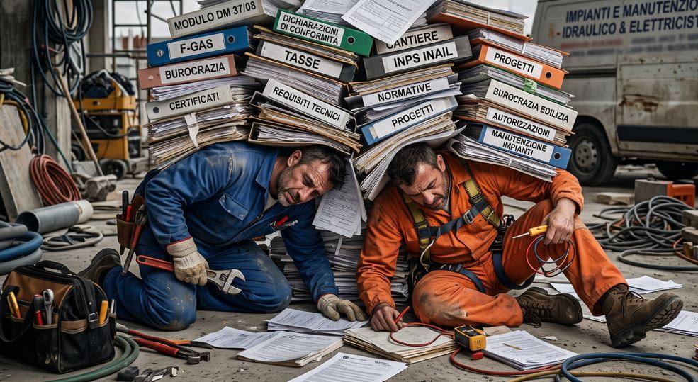 Due installatori sotto una pila di raccoglitori: normative, dichiarazioni di conformità, F-gas, INPS, INAIL, autorizzazioni.